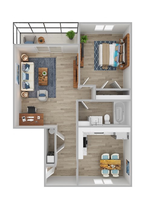 a stylized floor plan with a bedroom and a bathroom
